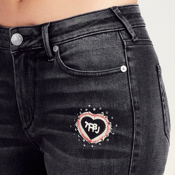 True Religion Denim - True Religion Women's Halle Mid Rise Super Skinny Patched Jeans 31 Peace Sign